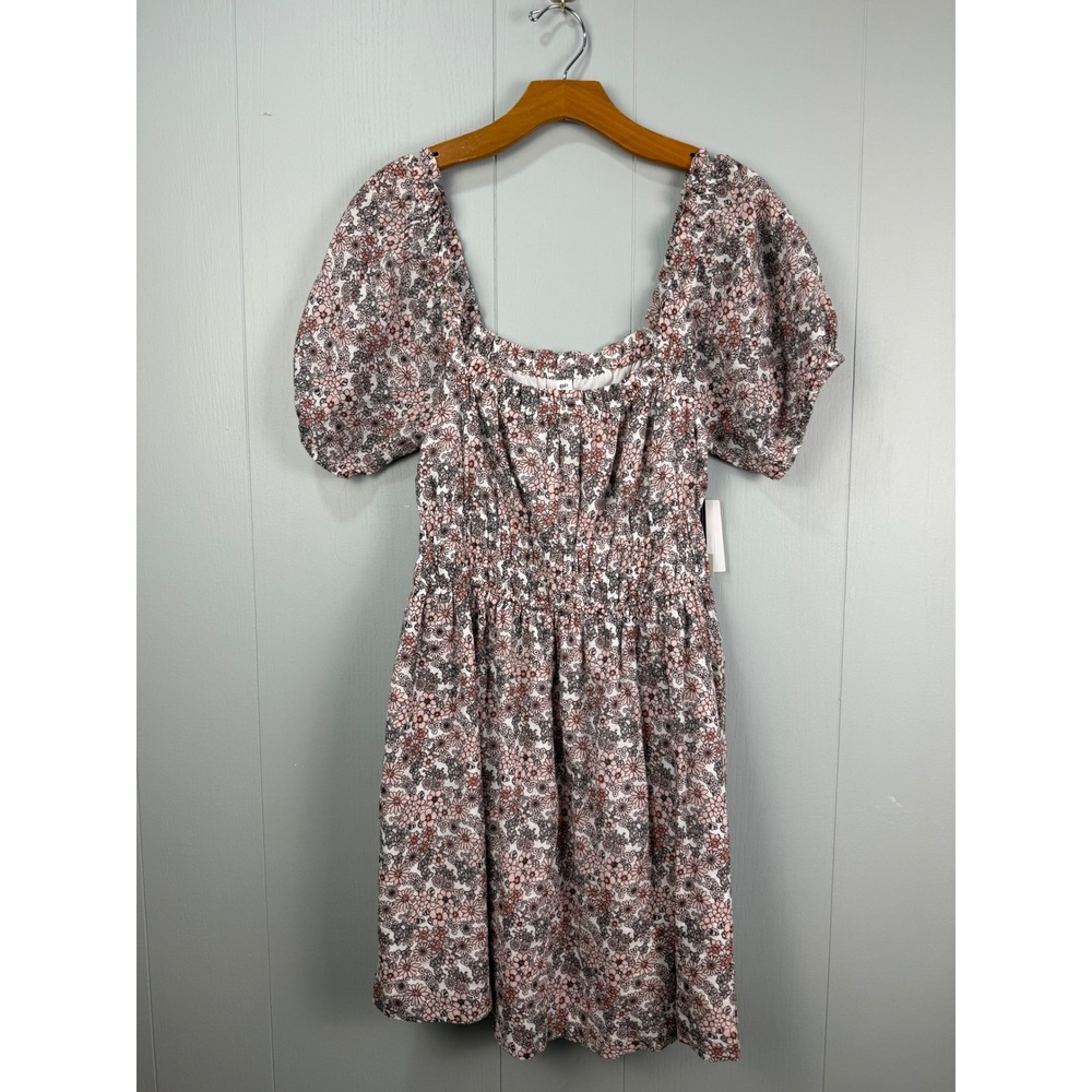 BP Nordstrom Ivory Floral Smocked Mini Dress Puff Sleeve Medium